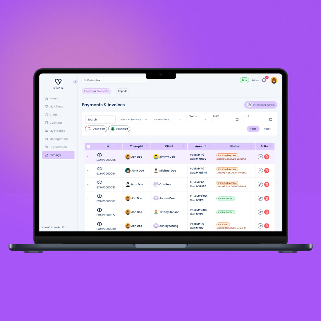 Therapist payment configuration