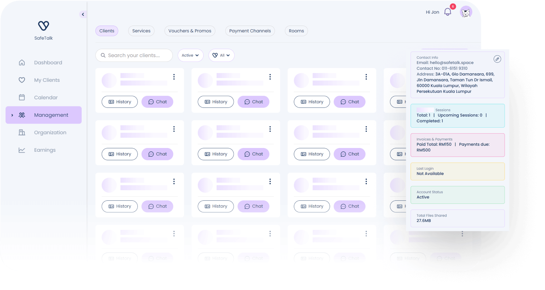 Screenshot of SafeTalk platform showcasing the clients page