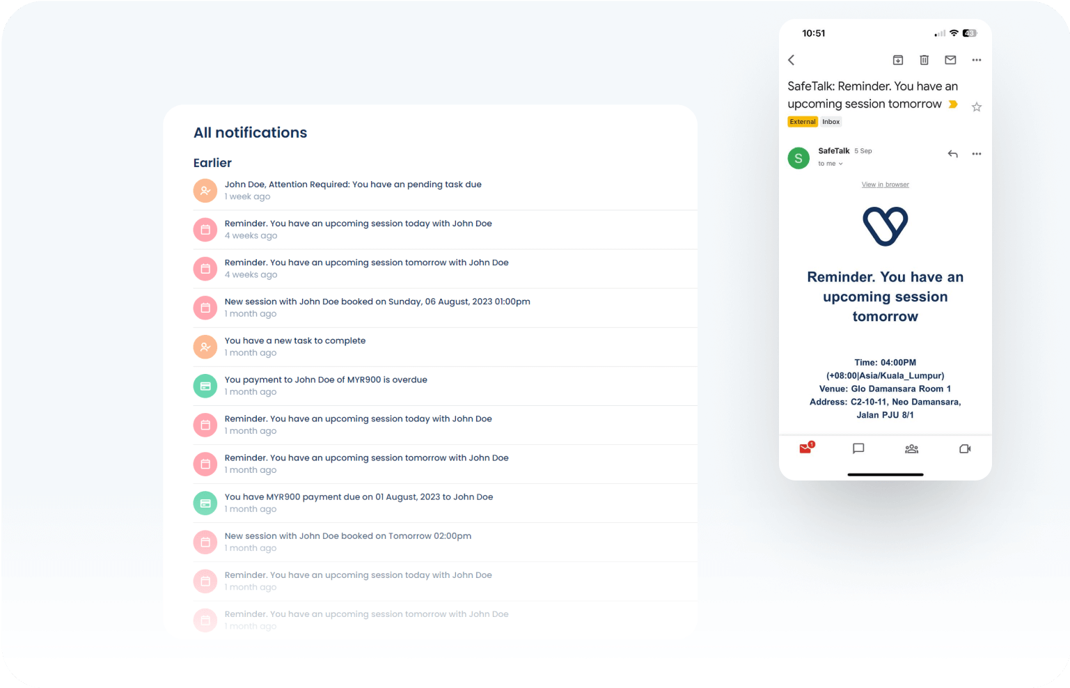 Screenshot of SafeTalk platform showcasing the notifications page