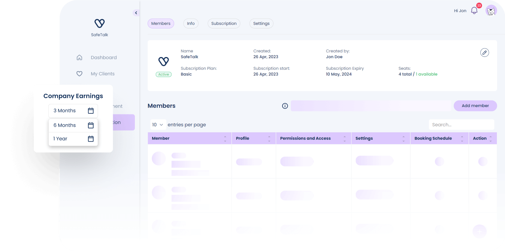 Screenshot of SafeTalk platform showcasing the manage your organization page