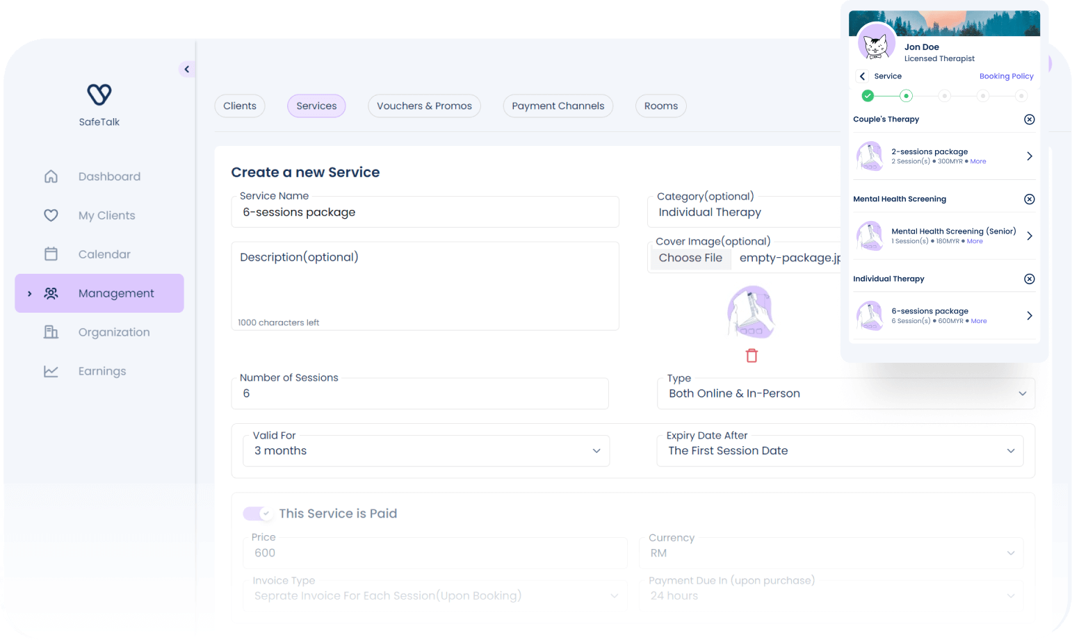 Screenshot of SafeTalk platform showcasing the add new service page